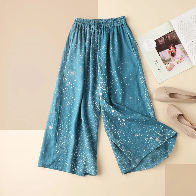 

SHUCHAN Painted Linen Calf-Length Pants Summer Young Style Loose Elastic Waist Solid High Waist Womens Fashion