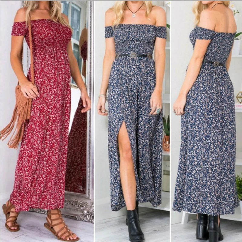 

Sexy Women Strapless Beach Summer Dress Sundresses Vintage Bohemian Maxi Dresses Robe Femme Boho Floral Women Split Long Vestido