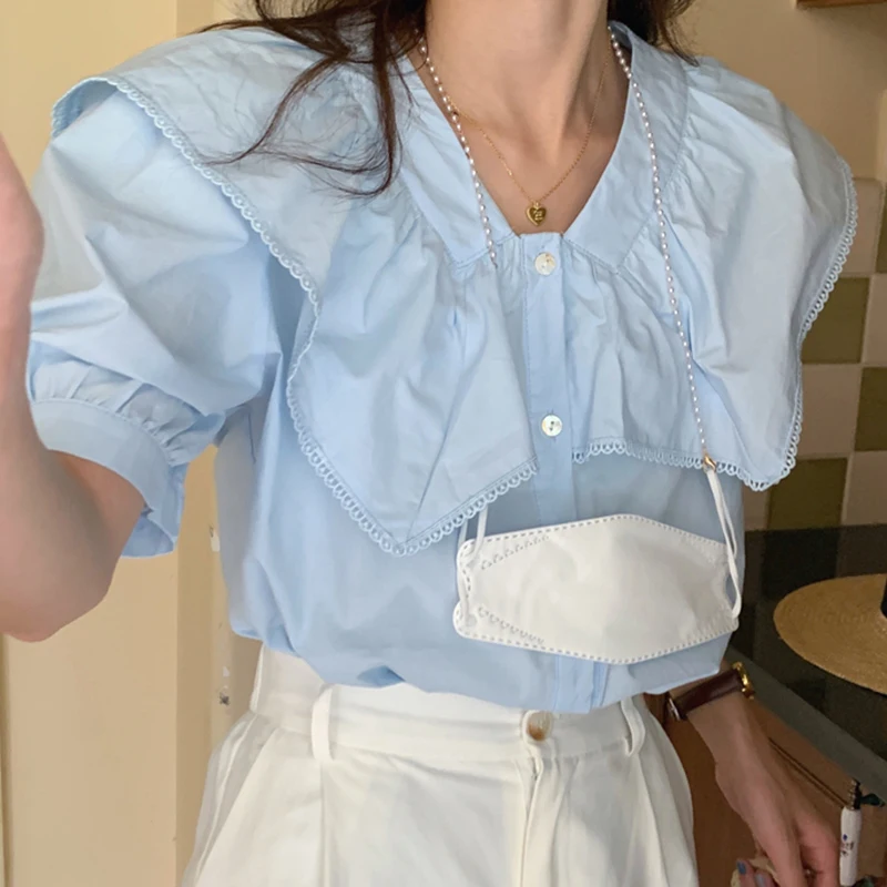 

Женская однобортная блузка с отложным воротником, милая мягкая кружевная блузка с отложным воротником для девушек, универсальная Свободная блузка с пышными рукавами, женские топы, лето 2021