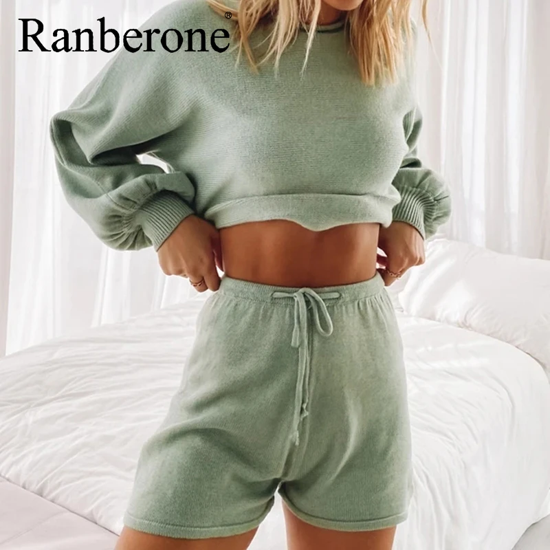 Ranberone Fashion Summer Women Set Long Sleeve Crop Top + Solid Shorts Sport Suit Female Breathable Fitness Tracksuit Wives 2021