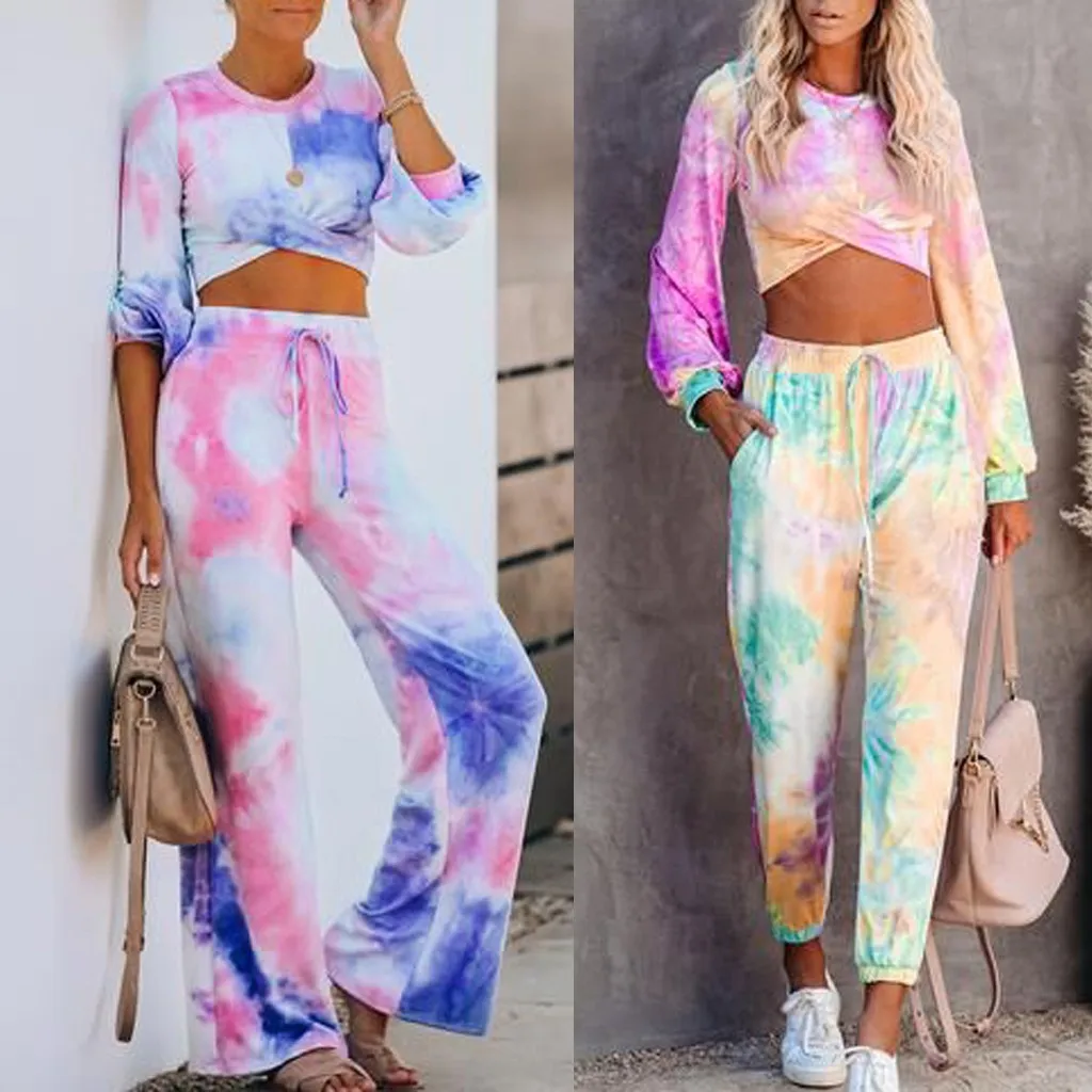 2pc Women Suit Tracksuit Tie-dye Knot Fitness Clothes Long Sleeve Hooded Tops And Pants Leisure Pocket Home Sweatpants Sets @40 |