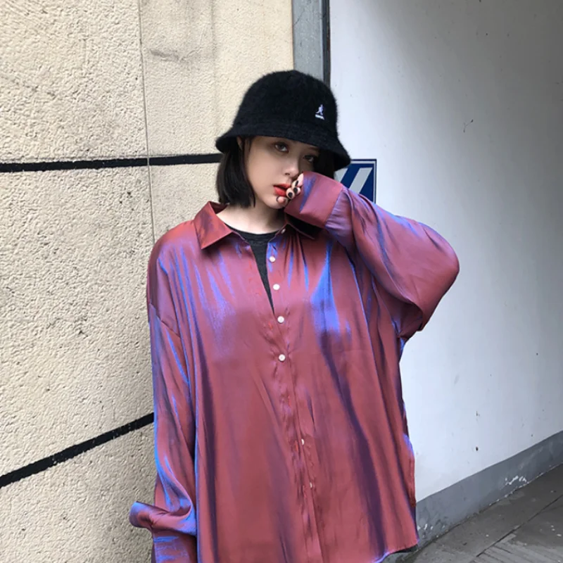 

Новые женские топы и блузки, свободные женские блестящие рубашки с длинным рукавом