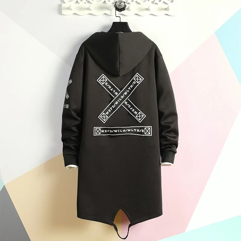 

Autumn and winter 2021 large men's fashion medium and long student windbreaker hooded casual jacket men's jacket