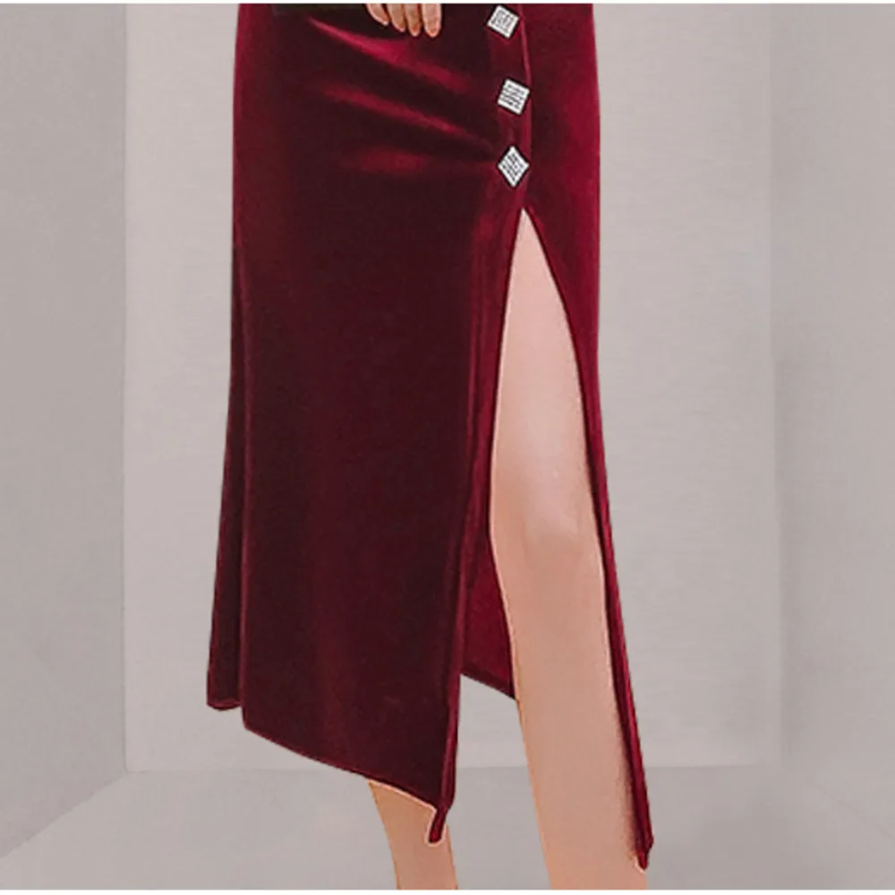 

Woman Party Night Button Decoration Midi Dress 2021 Spring Women Sexy V-neck Long Sleeve Ruched Split Velvet Evening Dress