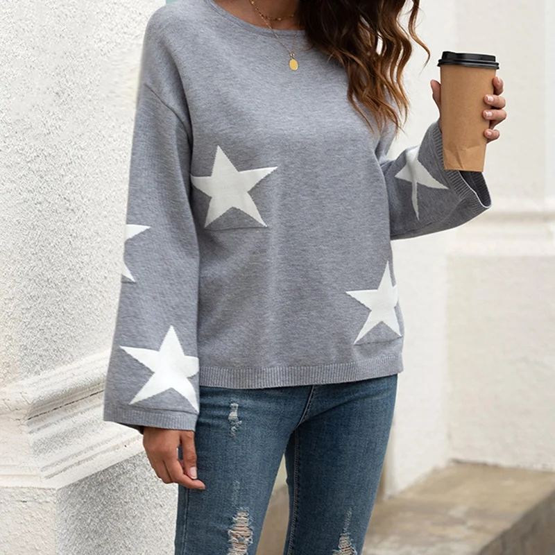 

Womens Long Sleeve Star Pullover Sweaters Autumn Winter Knit Sweater Casual Loose Jumper Sweaters Outwear