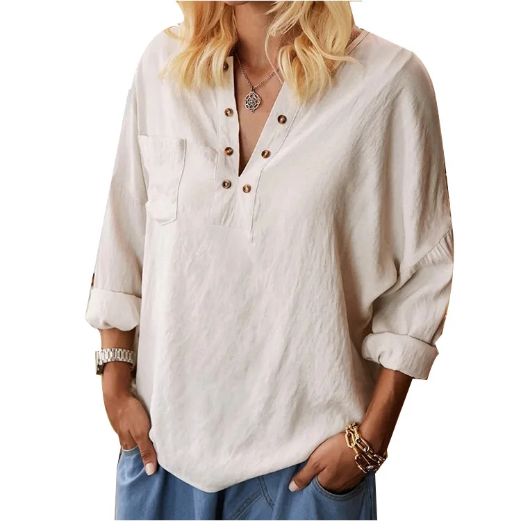 

Women T-Shirt Solid Color V Neck Buttons Long Sleeve Loose Tops 2021 Summer Fashion Women Casual Loose Shirts Ropa De Mujer