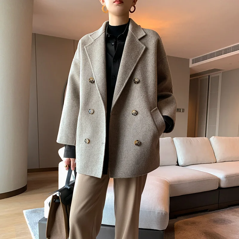 

Женское зимнее шерстяное двухстороннее пальто в клетку, Однотонное шерстяное пальто с воротником, женская зимняя куртка