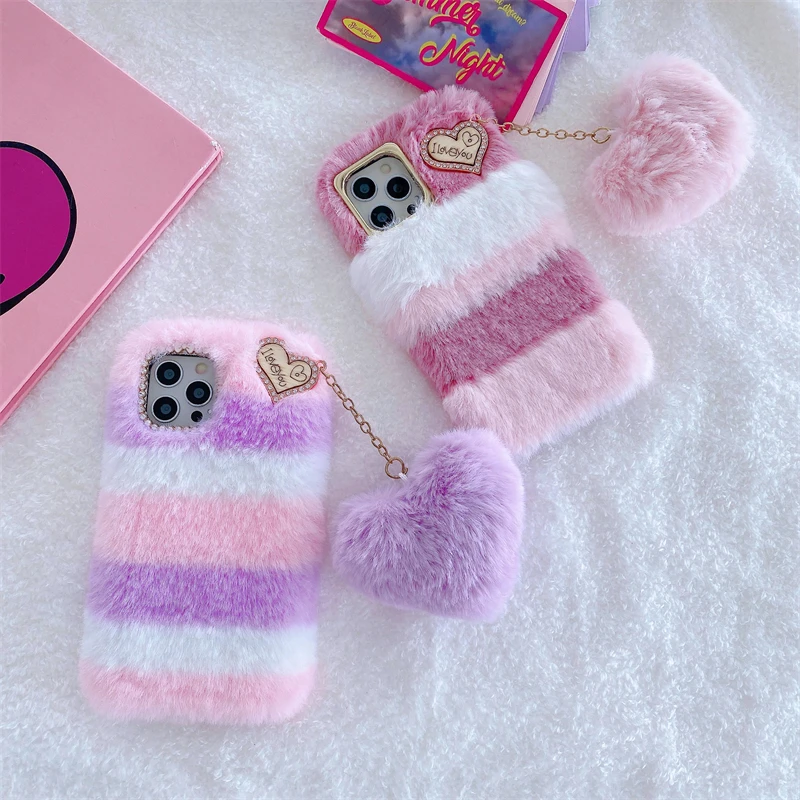 

Signalshin Pink Love Heart Pendant Fluffy Fur Phone Case For iPhone 7 8 7Plus X XR XS Max 11 12 Pro Max SE2020 Furry Plush Cover