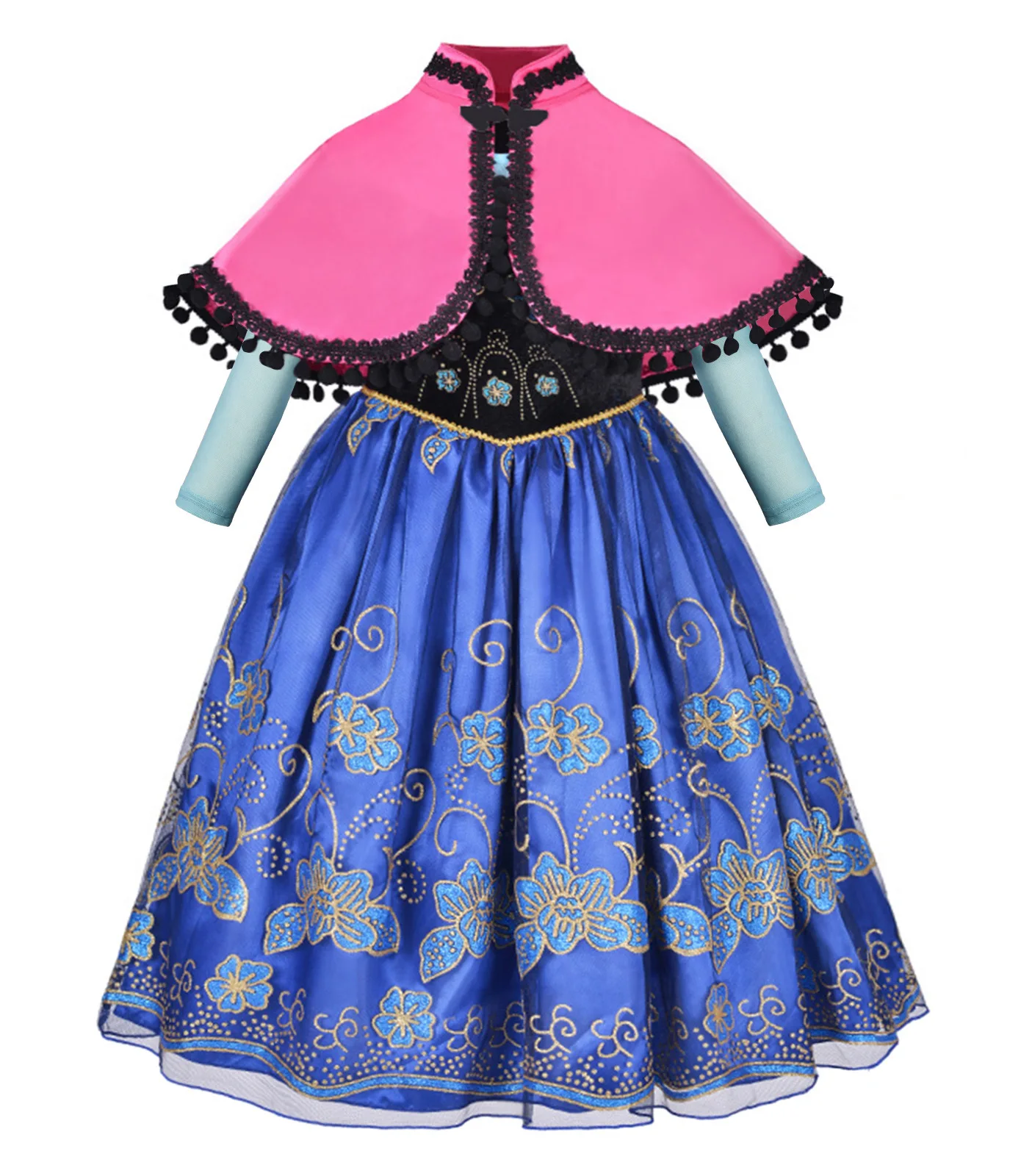

Girls Anime Princess Anna Snow White Cosplay Costume Christmas Ball Party Dress Pink Shawl Blue Long Sleeve Print Visiting Cloth