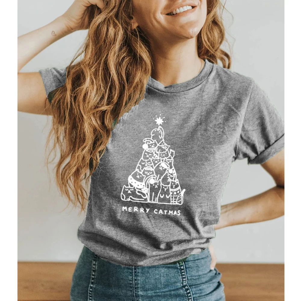 

Funny Merry Catmas Pure Cotton T-shirt Cute Cat Mom Christmas Holiday Gift Tshirt Kawaii Women Graphic Winter Tee Top Drop Ship