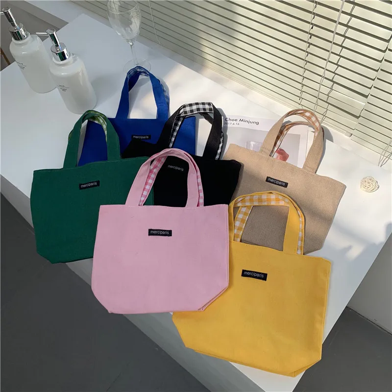 

Double Side Women's Plaid Shoulder Shopper Bags Simple Canvas Ladies Small tote Purse Handbags Female Student Lunch Bento Bag