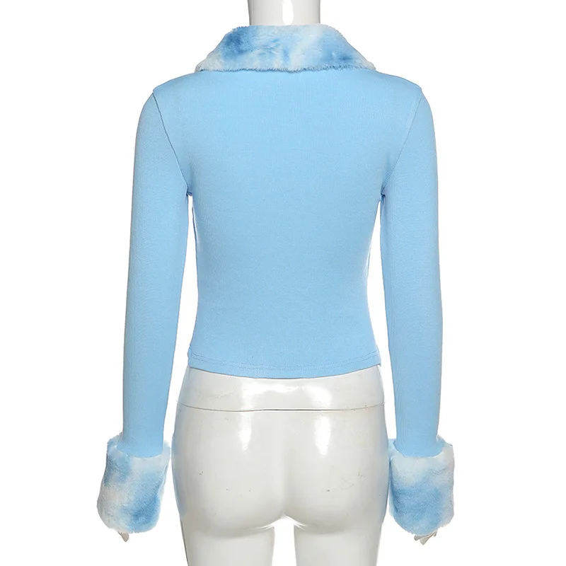 

2021 Spring Solid Blue Stretch Slim Knitting Crop Top Woman Soft Fur Collar Design Casual High Street T-Shirt Coat Streetwear