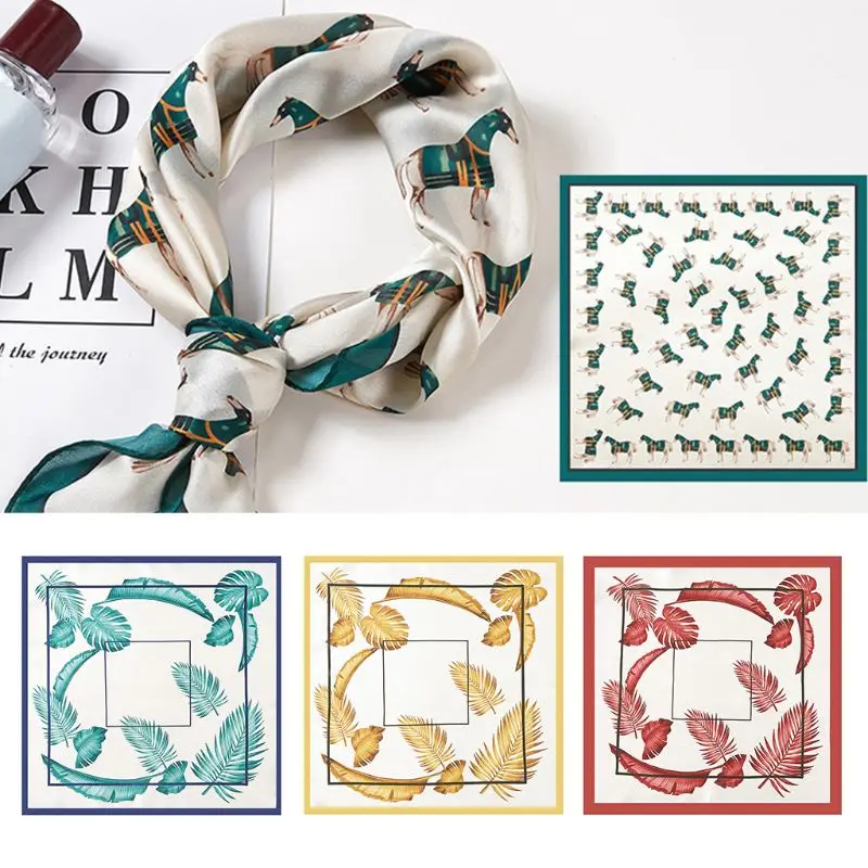 

53cm Literary Ladies Vintage Small Square Scarf Imitation Silk Leaves Geometric Printed Decorative Neckerchief Headwrap