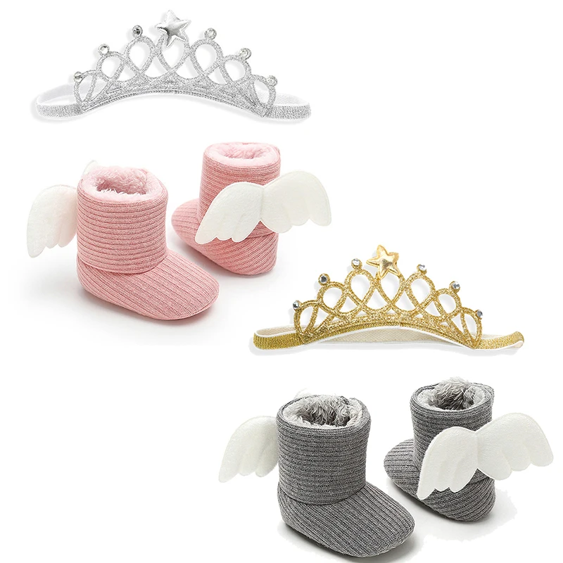 Детские сапоги с крыльями ангела и повязкой на голову короной Сапоги для