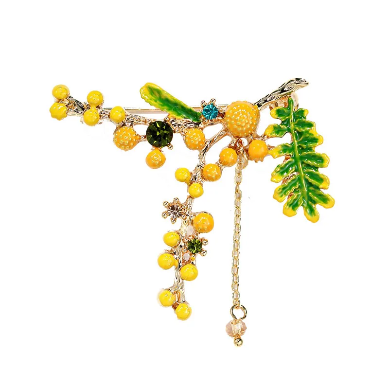 Весенние эмалевые Броши с зелеными листьями Mimosa для женщин и девушек модные