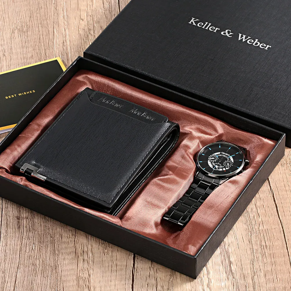 

Quartz Dial Clock Watch Wallet Set Stainless Steel Strap Fold Buckle Black Leather Business Men's Purse Gift Box for Father