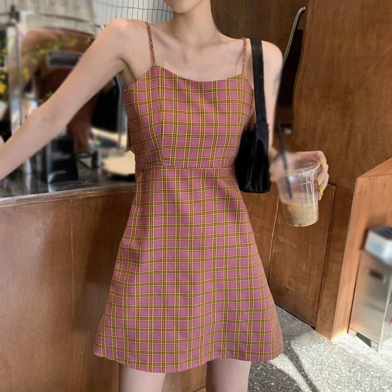 

Retro Plaid Sling Dress Women Fashion Sleeveless Dresses Summer Beach Style Slim Mini Dress