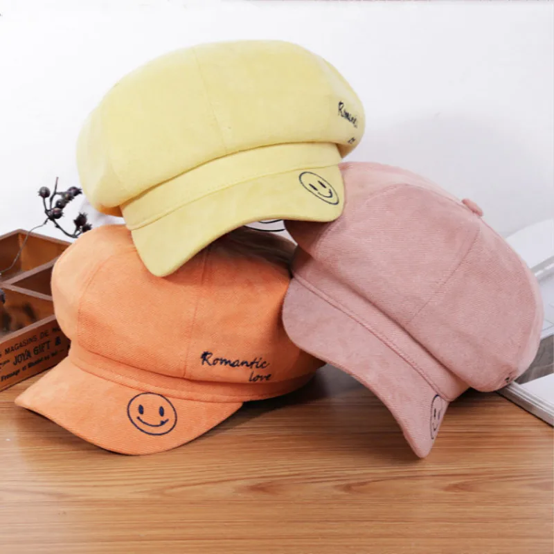 

Corduroy Winter Newsboy Hat For Women Spring Autumn Smile Face Painter Cap Female Octagonal Hat Vintage Beret Hat Lady Gorras