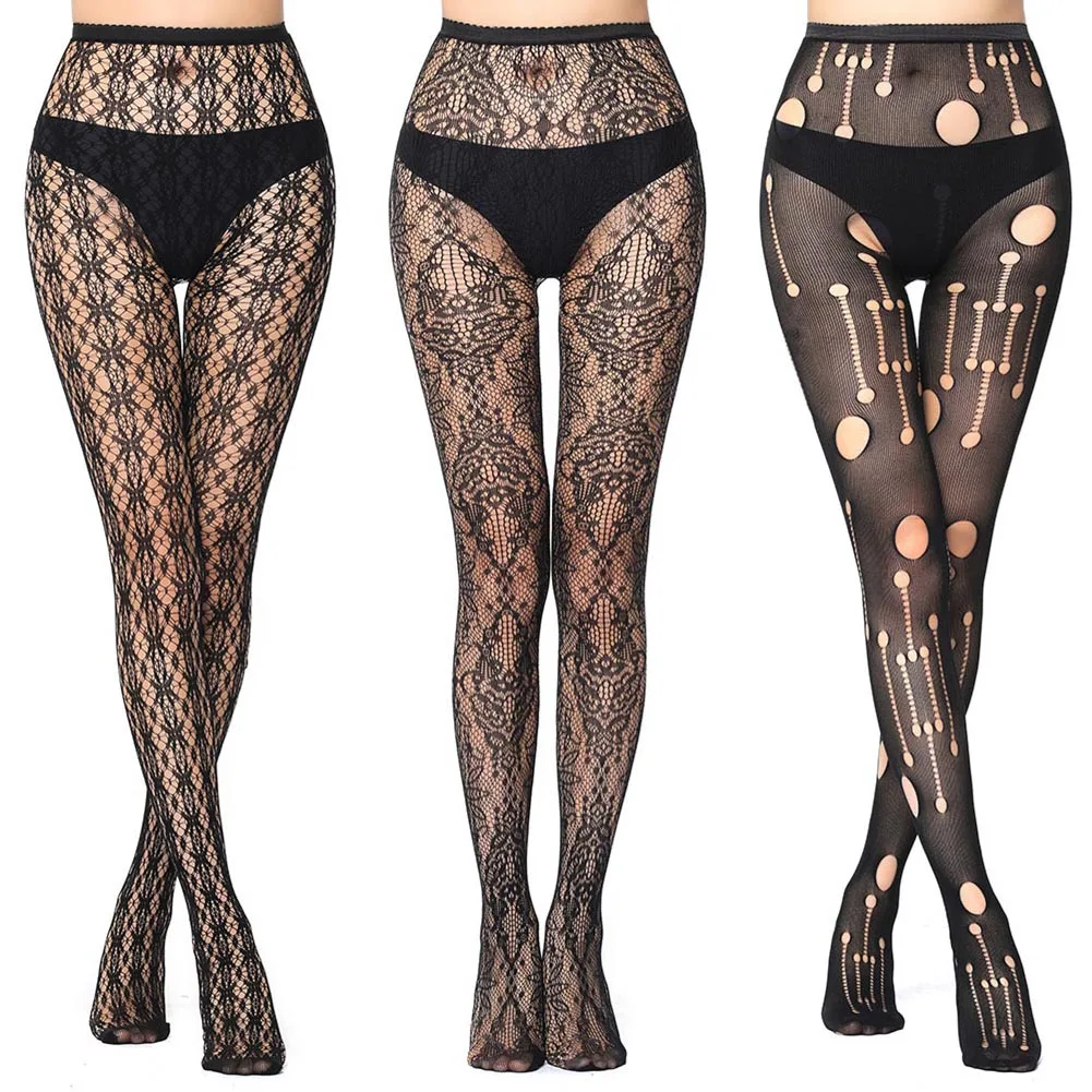 Set D-Gothic 3 пары, женские черные ажурные колготки с рисунком, сексуальная Прозрачная Кружевная Цветочная сетка, чулки, эластичные колготки с завышенной талией, готические винтажные - Цвет: Set D-Gothic