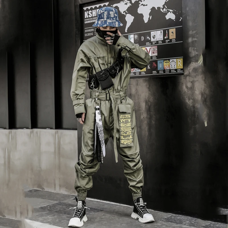

Men's Hip Hop Clothes Jumpsuit Cool Black Romper Overalls Streetwear Long Sleeves One-Piece Trousers Adult Hiphop Dance Costumes