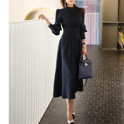

Stand neck Casual Office Dress Elegant Work Dresses Spring Solid A-line Dress Women Plus Size Navy Blue Full puff Sleeve