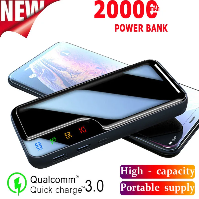 20000 мАч Мини Внешний аккумулятор зеркального экрана цифровой дисплей 2USB внешний