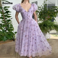 Booma Lavender V-Neck Tulle Midi Prom Dresses Short Puff Sleeves Embroidery Lace Tea-Length A-Line Wedding Party Dresses