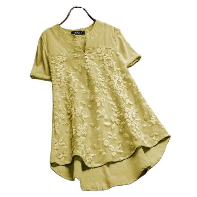 

2020 Floral Embroidered Shirt Blouse Women V-Neck Shirts White Lace Stitching Sweet Short Sleeve Blouse Cotton Shirt Femme