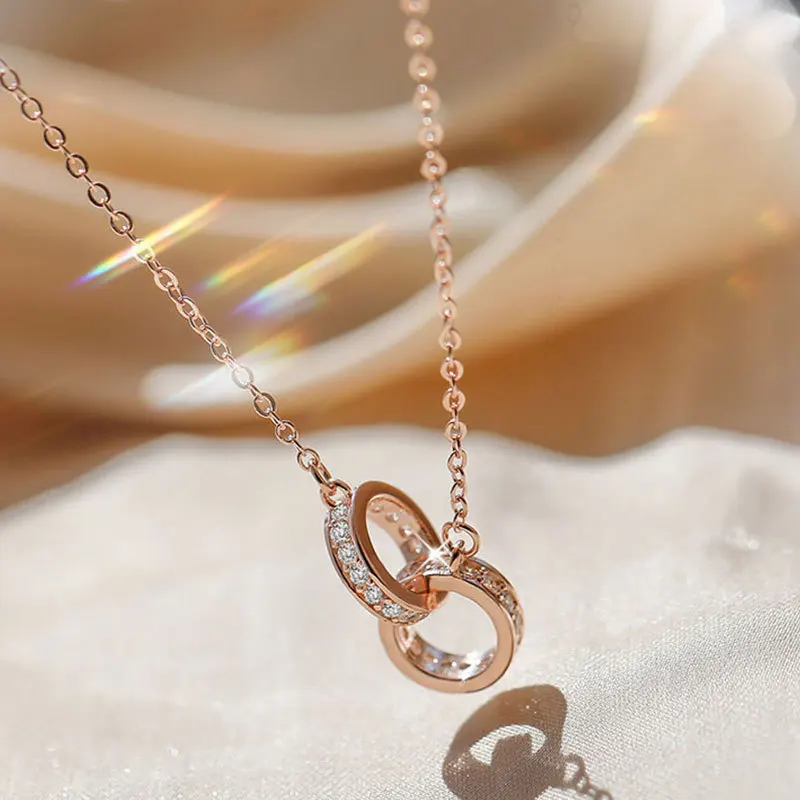 

YC0762N S925 Sterling Silver Fashion Temperament Double Cirque Zircon Pendant Party Gift Woman Jewelry Necklace 2021