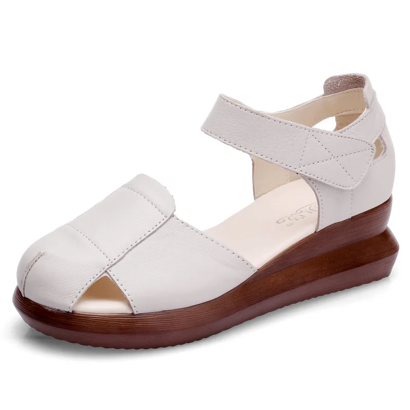 

New out sandals women's leather hollow thick bottom slope heel casual flat bottom mother sandals women's white large