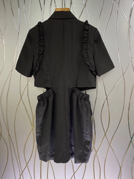 

2021 new women fashion lapel wooden ear wrinkle stitching waist solid color short-sleeved dress 622