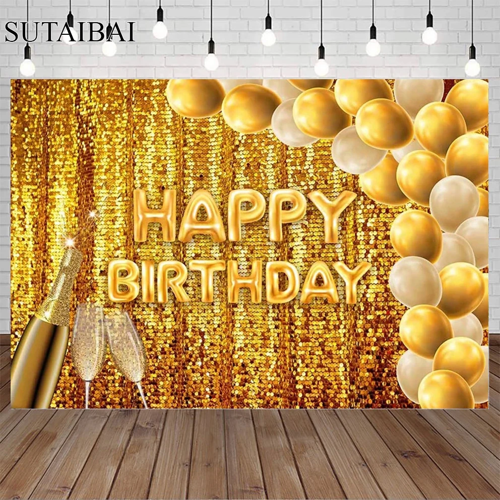 

Gold Glitter Birthday Backdrop Happy Birthday Photo Background Personalize Birthday Party Banner Decorate Balloons Photophone