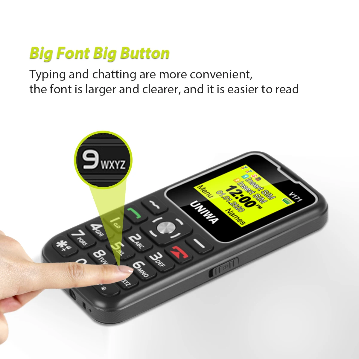 uniwa v171 1 77 display sos 2g mobile feature phone big button wireless phone fm loud speaker 10 days standby charging dock free global shipping