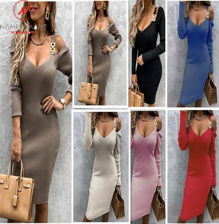 

Платье-Карандаш женское однотонное с открытыми плечами, V-образным вырезом и длинным рукавом, облегающее пуловер со средней талией, весна-ос...