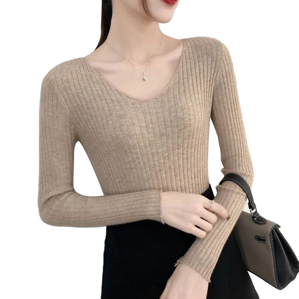 

2020 Sweater Women Autumn V Neck Long Sleeve Ribbed Slim Pullover Bottoming Sweater