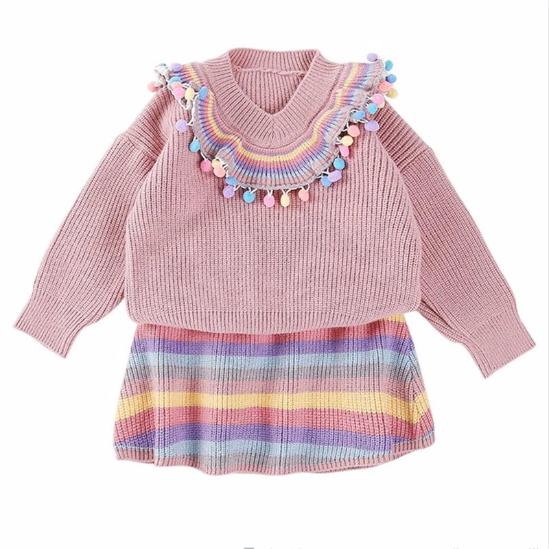 Knit комплекты трикотажной одежды для девочек; детский шерстяной свитер в полоску; платье-комбинезон; пуловер с кроличьими волосами; комплект одежды для детей