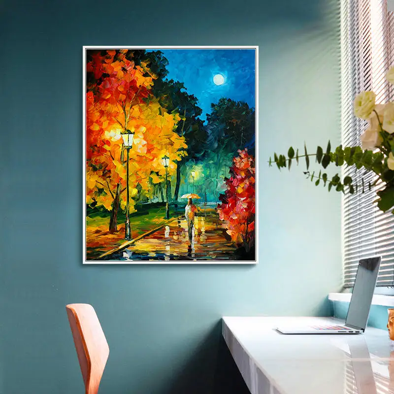 

Colorful Landscape Canvas Painting Rainy Night Street Oil Painting Wall Art Poster Picture Cuardos Modern Living Room Home Decor