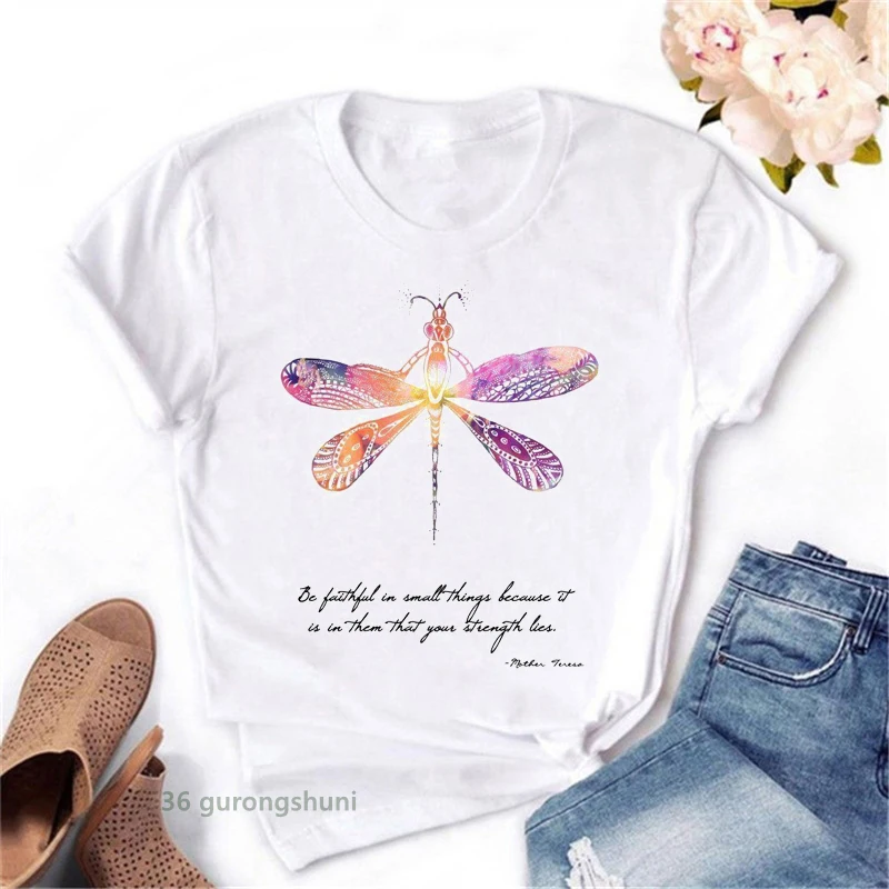 

Fashion new t shirt femme interesting dragonfly and letter graphic print women t shirt summer Korean style women's clothing top