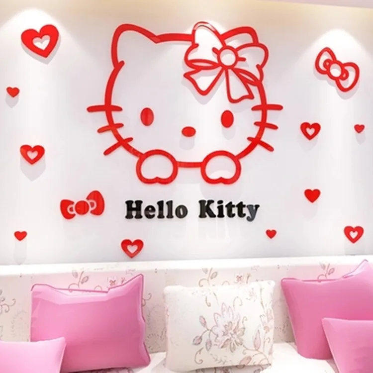 Hello kitty кошка акриловые 3D наклейки на стену детская комната мультфильм клейкая бумага спальня прикроватные настенные украшения