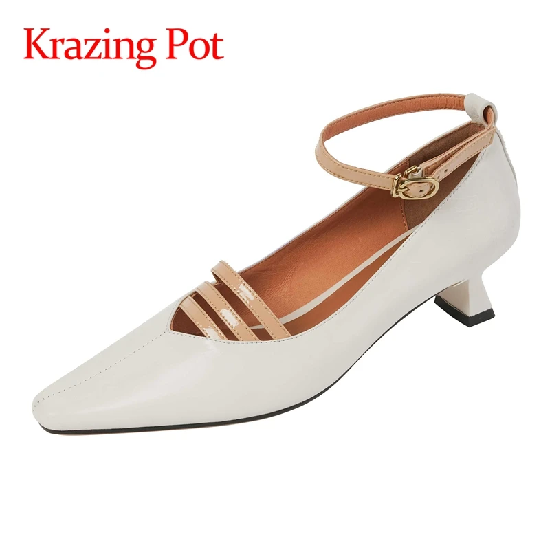 

Krazing Pot full grain leather small square toe strange med heel mixed colors European style mature young lady women pumps L36