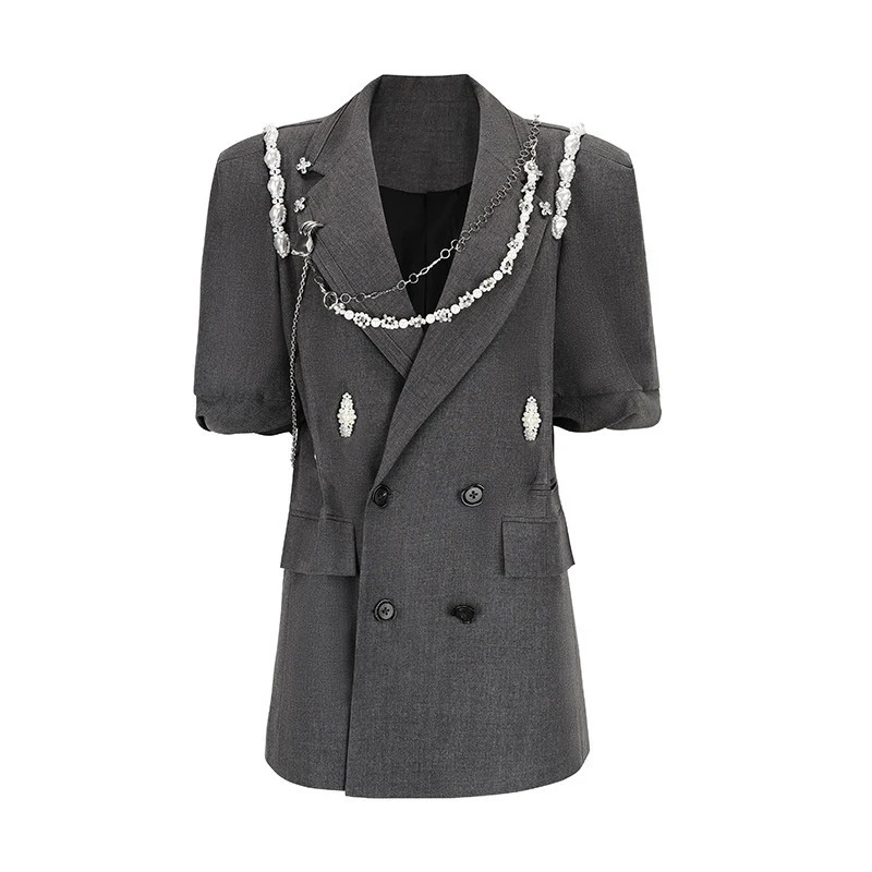 

VGH Korean Khaki Patchwork Pearl Chain Blazer For Women Notched Half Sleeve Casual Straight Blazers Females Summer Fashion Style