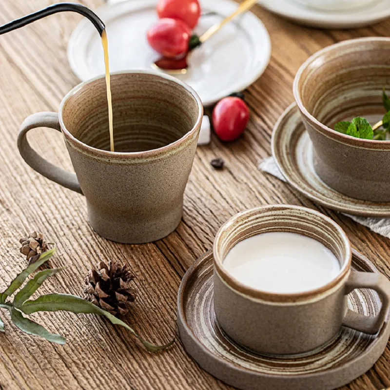 

Retro Pottery Coffee Cup Set Creative Handmade Ceramic Cups With Dish Milk Water Mug Breakfast Mugs Home Tableware Wholesale