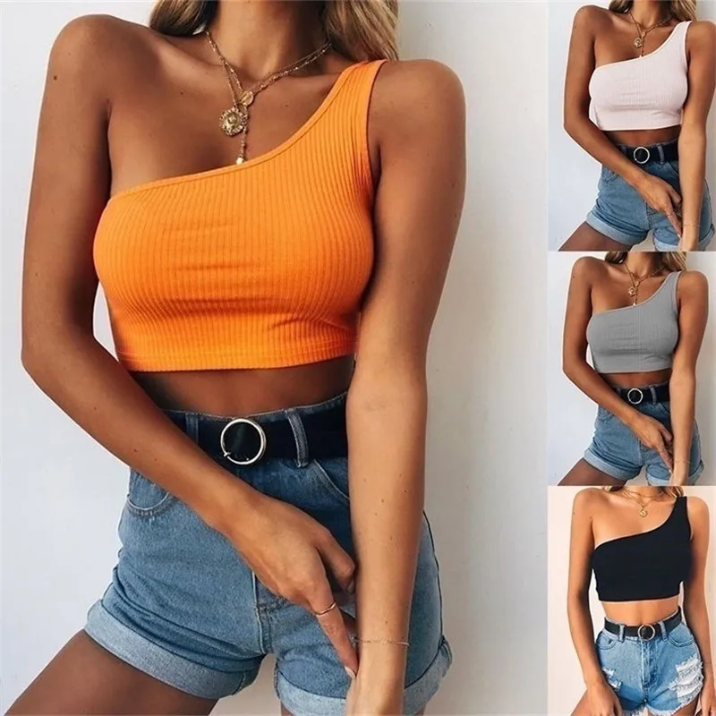 Sleeveless T-Shirt Women Crop Top Sexy Cool One Shoulder Tank Tops Summer Beach | Женская одежда