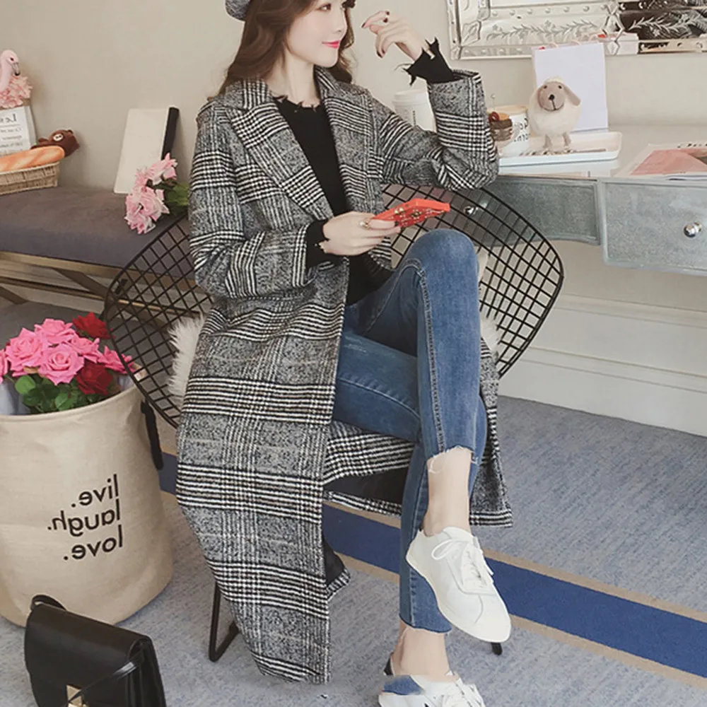 Женское зимнее шерстяное пальто с лацканами женские теплые клетчатые шерстяные