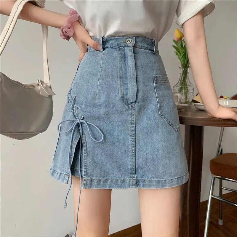 

Дизайн джинсовая юбка для женщин летние 2021 новый корейский Высокая талия тонкий мешок бедра A-Line короткая юбка размера плюс джинсовая юбка д...