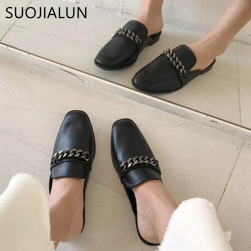 SUOJIALUN/Роскошные Дизайнерские шлепанцы без шнуровки; брендовые босоножки в британском стиле с цепочкой; шлепанцы на плоской подошве с круглым носком; большие размеры 41
