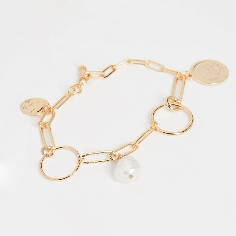 14k позолоченные латунные звенья цепи пресноводный жемчуг монета шарм браслеты
