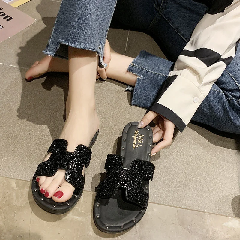 

2021 new fashion Rhinestones for women's beach shoes summer sandals Korean versatile slippers female students flat bottom