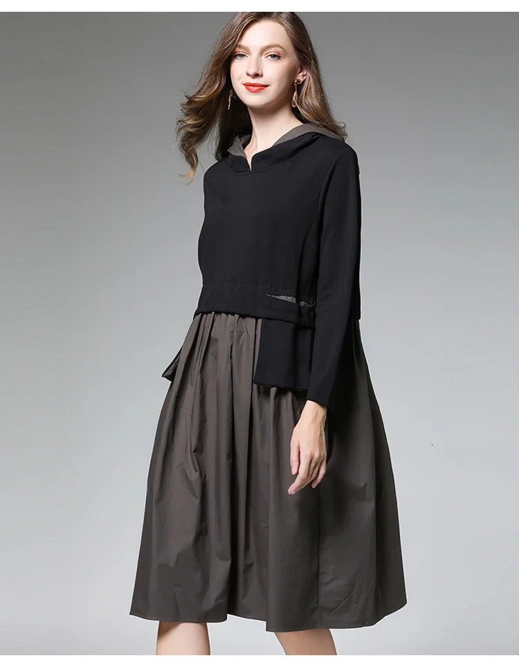 Женское Хлопковое платье LANMREM черное свободное пуловер с капюшоном и карманами