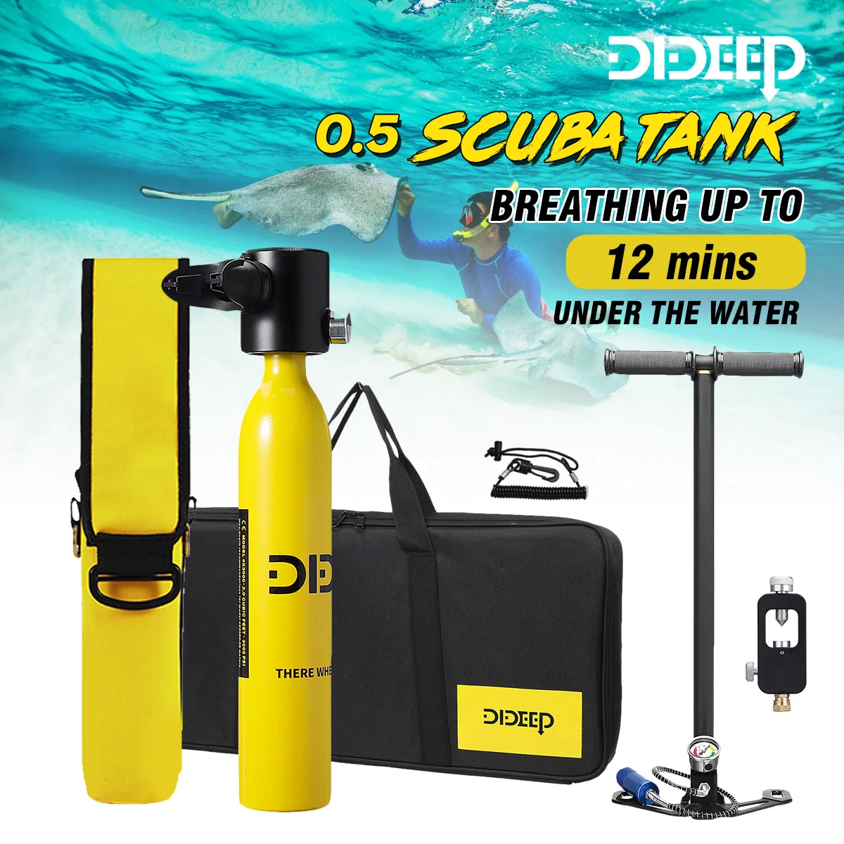 

DIDEEP 0.5L Mini Scuba Diving Tank Set Snorkeling Oxygen Cylinder Respirator Air Tank Hand Pump for Underwater Diving Equipment